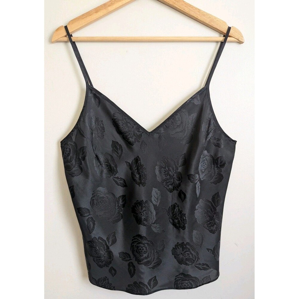 Black Satin Camisole Top Size L Floral Jacquard Flowy Shimmer Silky Tank V-neck